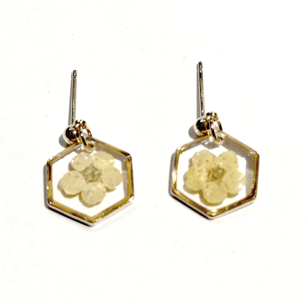 Boucles d’oreilles SPIREA – Fleur véritable en résine dorée Hexagone