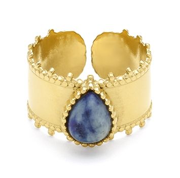 Bague acier doré, cabochon goutte serti granulé - 872767