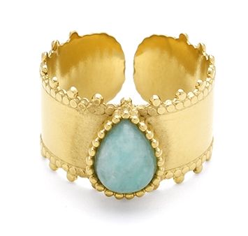 Bague acier doré, cabochon goutte serti granulé - 872767