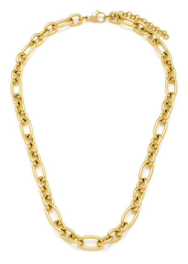 Collier acier grosse chaîne gourmette, fermoir mousqueton, longueur ajustable 44 cm +5 cm de rallonge