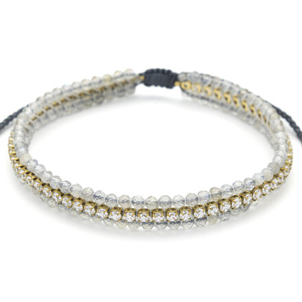 Bracelet acier tissé, une rangée de strass et 2 rangées de perles en pierres naturelles, longueur 15 cm +5 cm ajustable