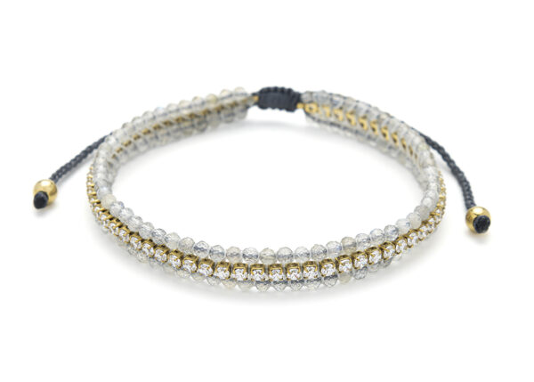 Bracelet acier tissé, une rangée de strass et 2 rangées de perles en pierres naturelles, longueur 15 cm +5 cm ajustable